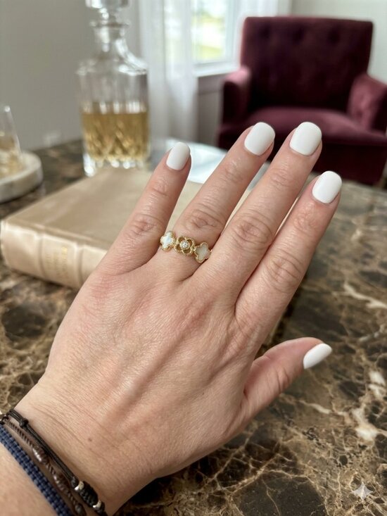 Jewelry - 14K Gold Plated Mother of Pearl Clover Ring - Dainty Floral Band with Crystal Ce